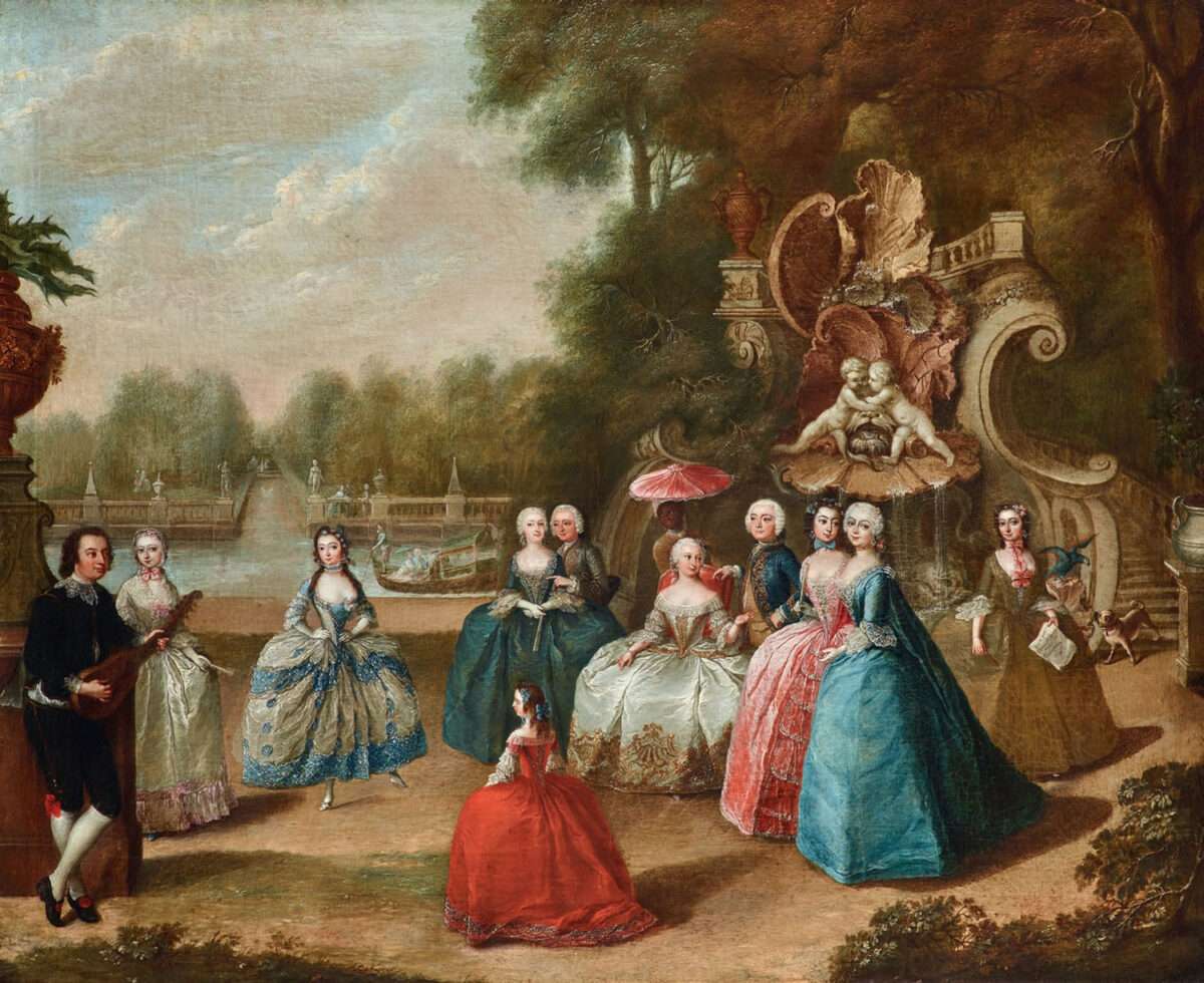 Barbara Campanini tanzt links im hellen, blau verzierten Kleid vor einer höfischen Gartengesellschaft, gemalt von Anna Rosina de Gasc.