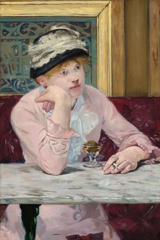edouard-manet-plum-brandy-la-prune-frau-zigarette-1877 Frau am Cafétisch mit Zigarette in der Hand und einem Glas vor sich blickt träumerisch in die Gegend.