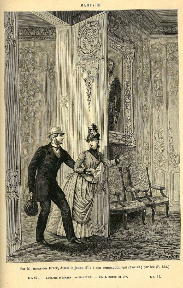 Historische Illustration zu „Martyre!“: Eine Frau führt einen Mann durch eine verzierte Tür in einen Salon.