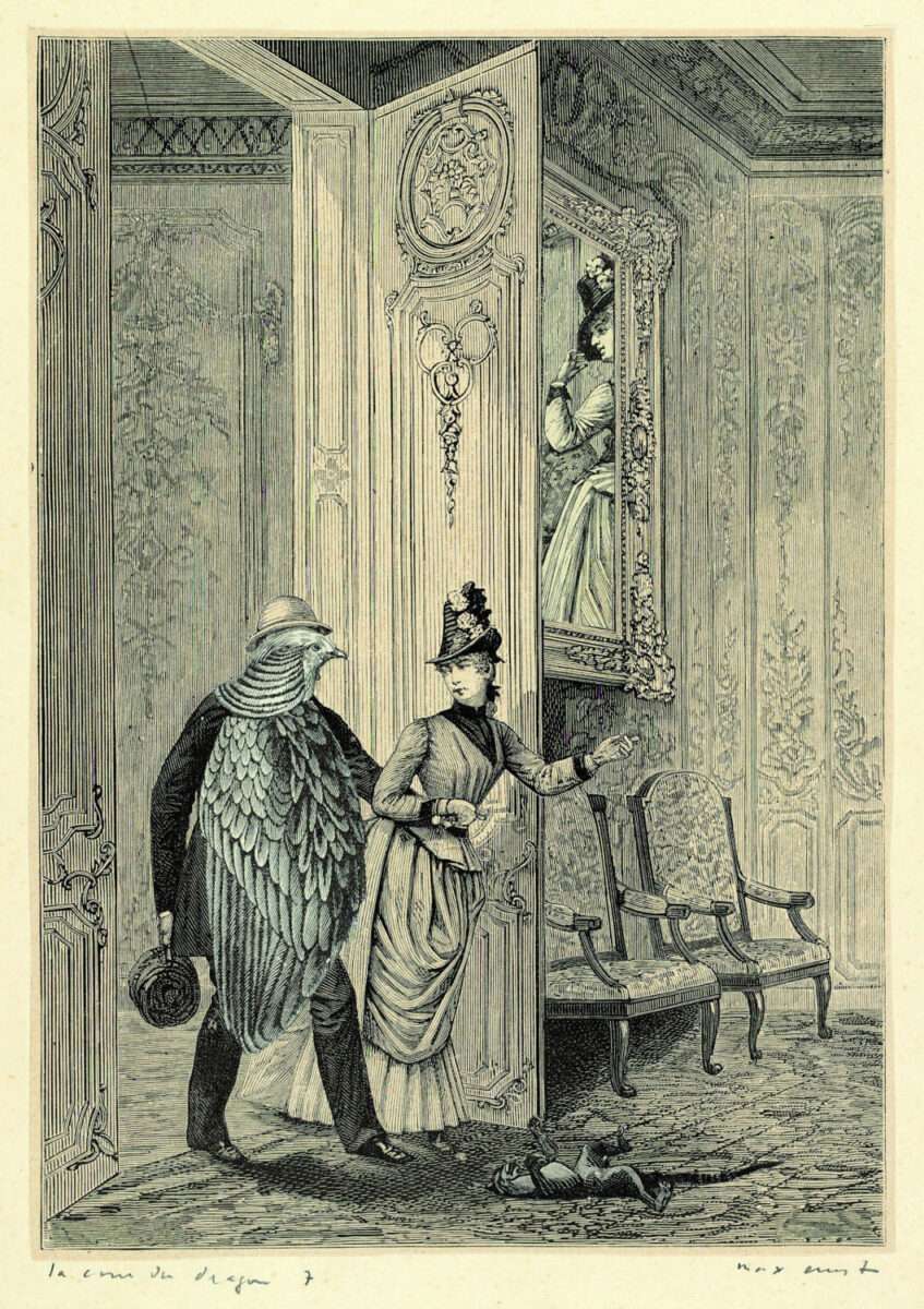 Max Ernsts Collage „La cour du dragon 7“: Eine Frau begleitet einen Mann mit Vogelkopf und Federkörper in einen Salon.