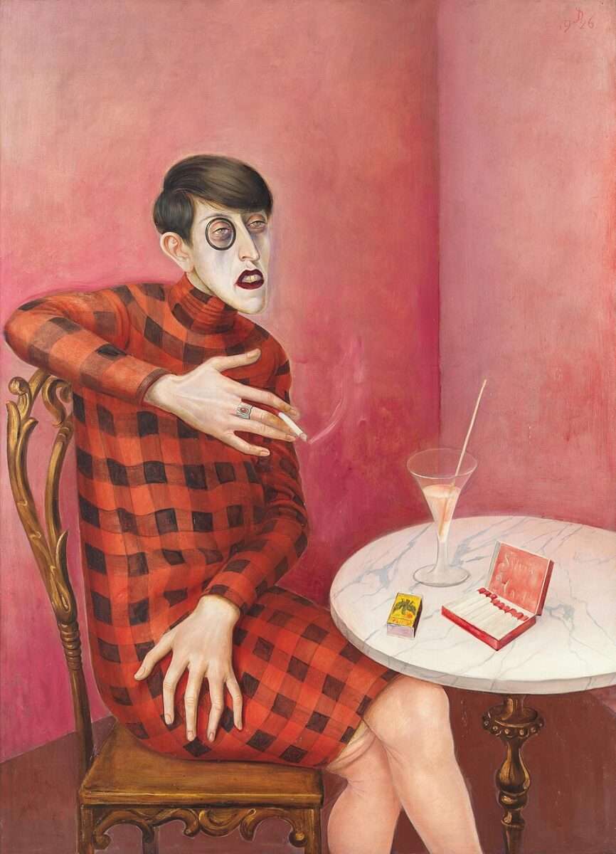 otto-dix-sylvia-von-harden-bildnis-zigarette-1926 Sylvia von Harden mit Monokel, Zigarette und kariertem Kleid am Cafétisch