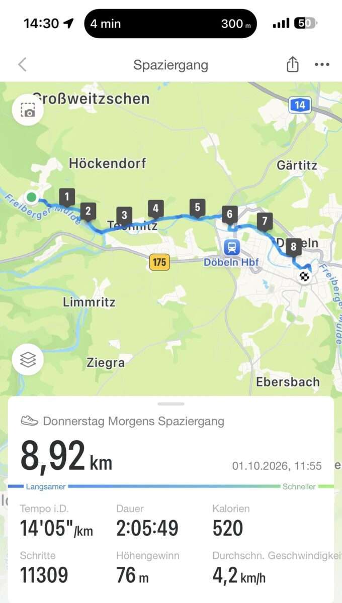 Screenshot der Wanderaufzeichnung von Westewitz nach Döbeln mit Routenkarte, 8,92 Kilometern Strecke und 2:05:49 Stunden Dauer.